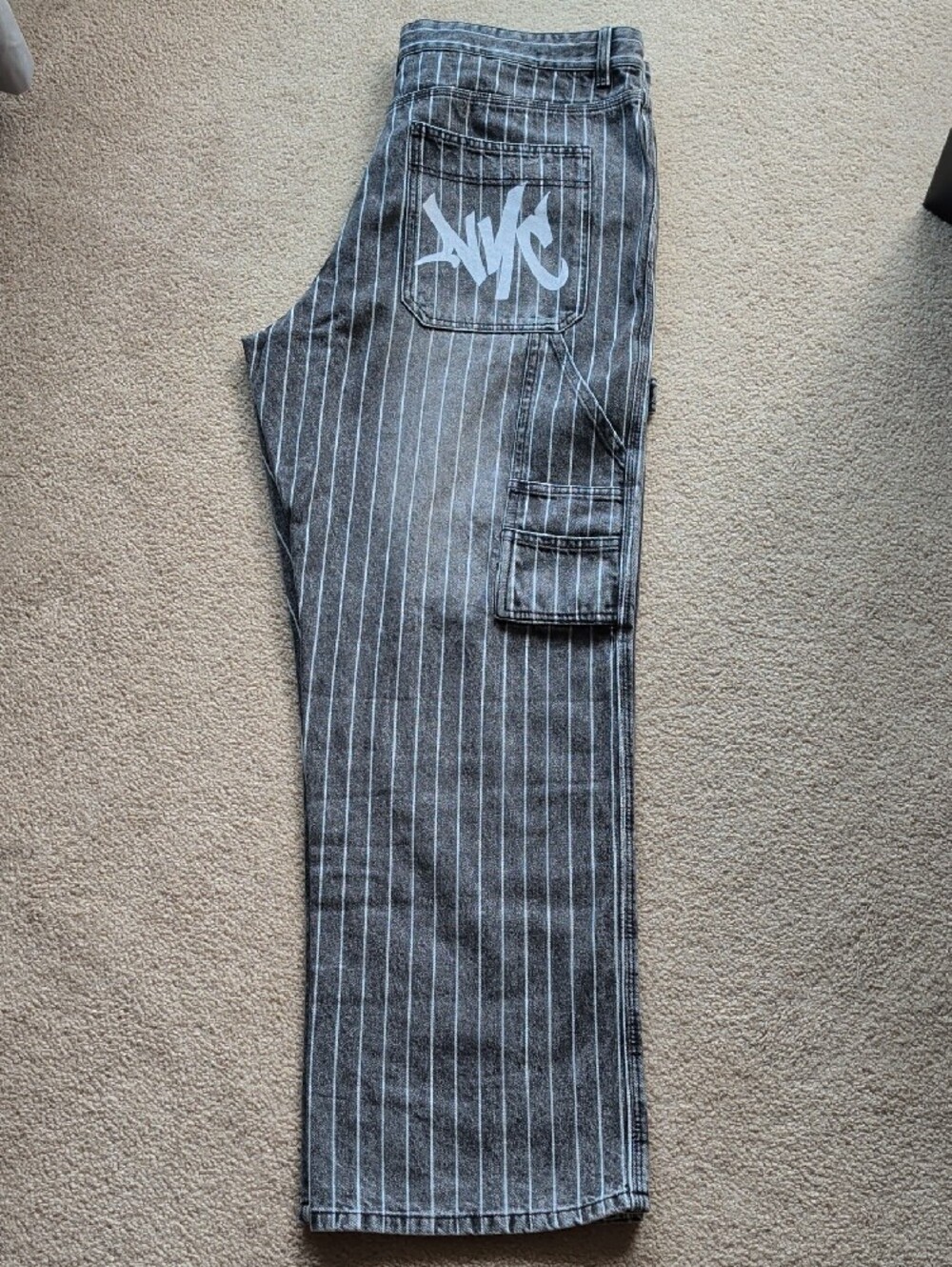 Bershka Grey Striped Carpenter Jeans